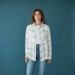 PAXTON ladies, long sleeve plaid blouse with LSU emblem on front small